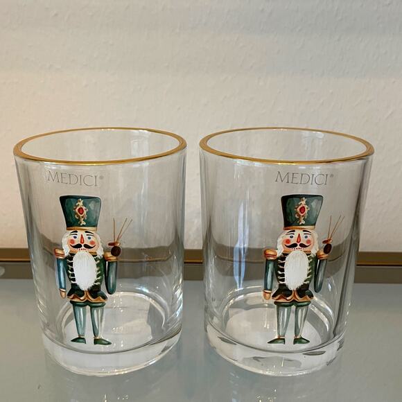 Medici Christmas Nutcracker Glass Tumblers 11oz Set of 2 Holiday Green Gold New - Picture 15 of 15